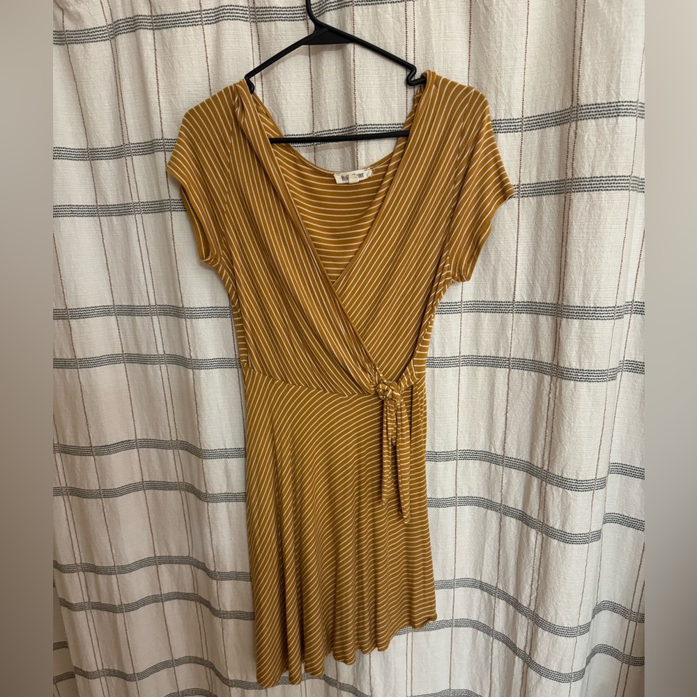 Striped Wrap-Style Dress in Mustard Yellow